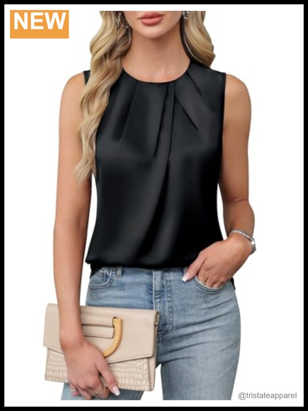 Sleeveless Satin Tank Top Pleated Business Casual Blouse Camisole